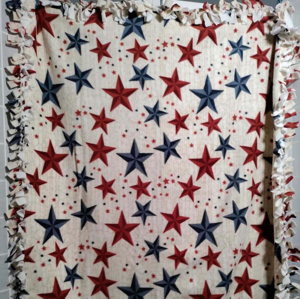 Patriotic Afghan Flannel Throw Lap Blanket RedBlue Star Americana Fring